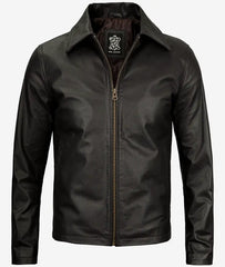 Men's Dark Black Leather Jacket with Shirt Collar