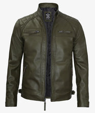 Mens Quilted Shoulder Military Green Cafe Racer Leather Jacket