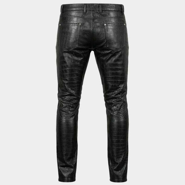 Men's Black Crocodile Embossed Genuine Leather Biker Pants