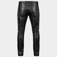 Men's Black Crocodile Embossed Genuine Leather Biker Pants