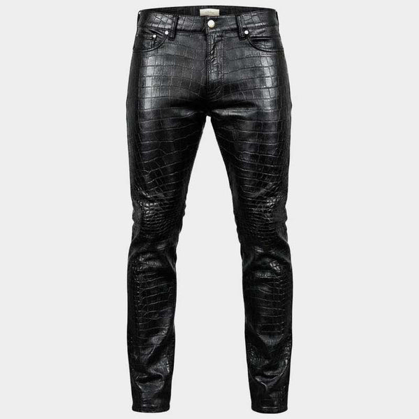 Men's Black Crocodile Embossed Genuine Leather Biker Pants