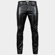 Men's Black Crocodile Embossed Genuine Leather Biker Pants