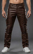 Mens Brown Biker Leather Cargo Pants Slim Fit