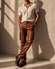 Mens Brown Leather Cargo Pants Slim Fit