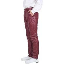 Men’s Burgundy Leather Trousers with Back Flap Pockets