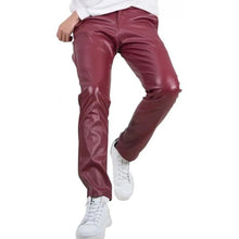 Men’s Burgundy Leather Trousers with Back Flap Pockets