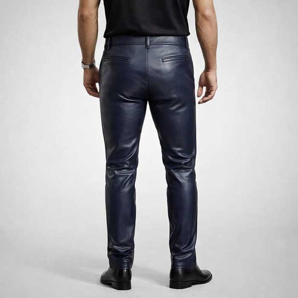 Mens Navy Blue Sheepskin Leather Pants Slim Fit