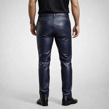 Mens Navy Blue Sheepskin Leather Pants Slim Fit