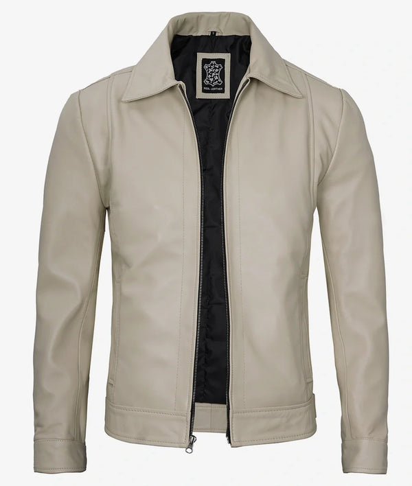 Men's Classic Shirt Collar Beige Leather Jacket
