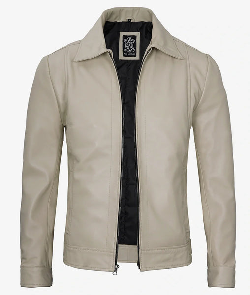 Men's Classic Shirt Collar Beige Leather Jacket