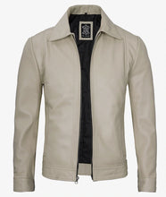 Men's Classic Shirt Collar Beige Leather Jacket