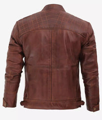 Men's Cafe Racer Cognac Leather Jacket - Quilted Shoulder