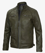 Mens Quilted Shoulder Military Green Cafe Racer Leather Jacket