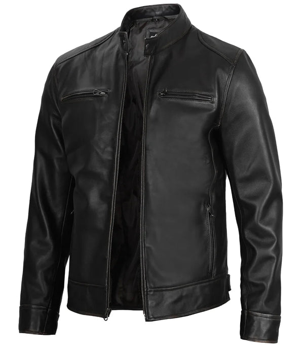 Dodge Men's Black Leather Cafe Racer Jacket