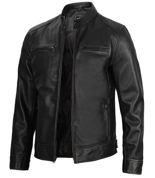 Dodge Men's Black Leather Cafe Racer Jacket