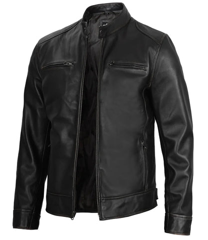 Dodge Men's Black Leather Cafe Racer Jacket