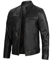 Dodge Men's Black Leather Cafe Racer Jacket