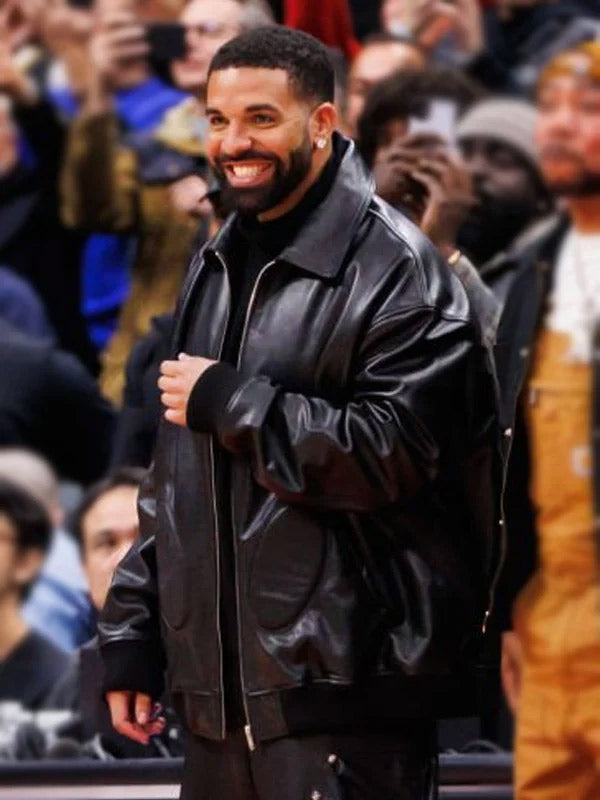 Drake NBA Game 2025 Black Leather Bomber Jacket