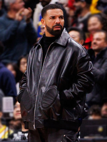 Drake NBA Game 2025 Black Leather Bomber Jacket