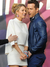 Blake Lively and Ryan Reynolds Blue Leather Jacket