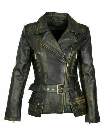 Brando Distressed Women Biker Jacket, Brown