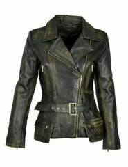 Brando Distressed Women Biker Jacket, Brown