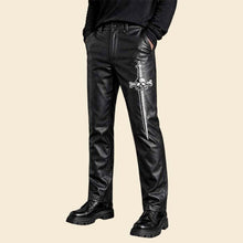 Men Black Genuine Leather Gothic Pant Skull Dagger Embroidered Straight Fit