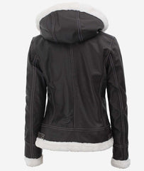Black Leather Shearling Jacket For Women with Hood