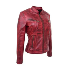 Women Distressed Red Leather Jacket