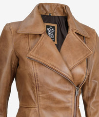 Womens Camel Brown Peplum Leather Jacket