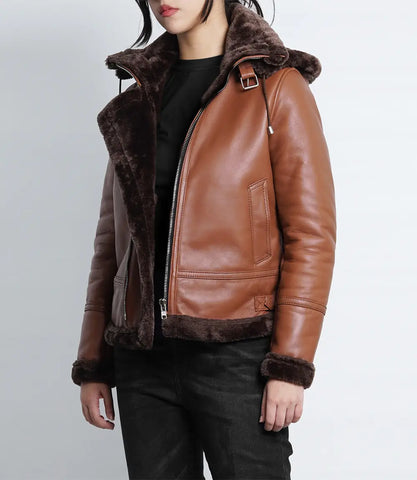 Women's Cognac B3 Bomber Shearling Leather Jacket