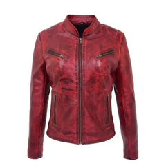 Women Distressed Red Leather Jacket