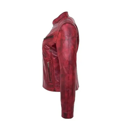 Women Distressed Red Leather Jacket