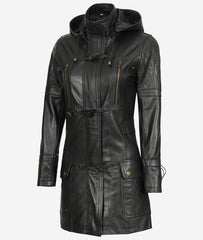 Women Long Coat - Real Leather Zip Up