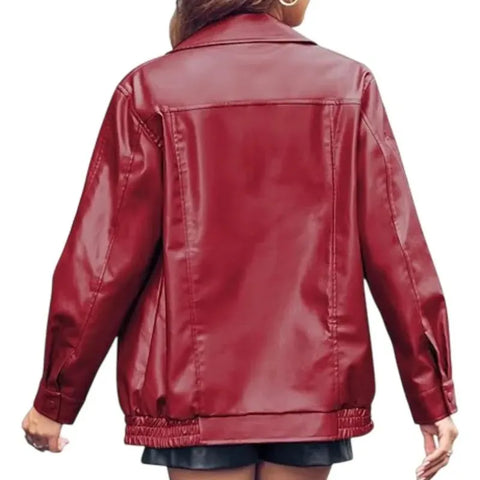 Slightly Oversized Women Red Leather Jacket