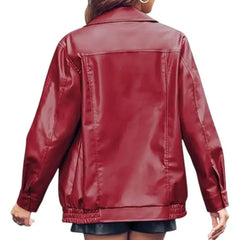 Slightly Oversized Women Red Leather Jacket