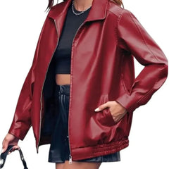 Slightly Oversized Women Red Leather Jacket