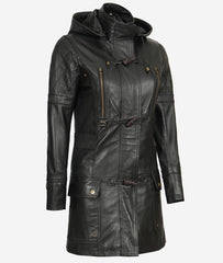 Women Long Coat - Real Leather Zip Up