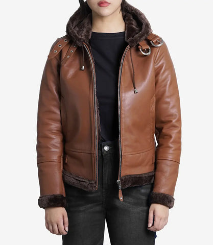 Women's Cognac Aviator Leather Jacket With Hood