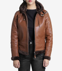 Women's Cognac Aviator Leather Jacket With Hood