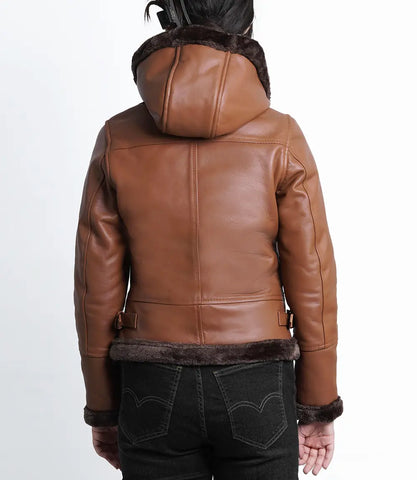 Women's Cognac Aviator Leather Jacket With Hood