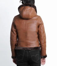 Women's Cognac Aviator Leather Jacket With Hood