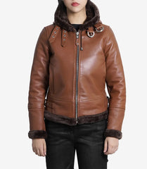Women's Cognac Aviator Leather Jacket With Hood
