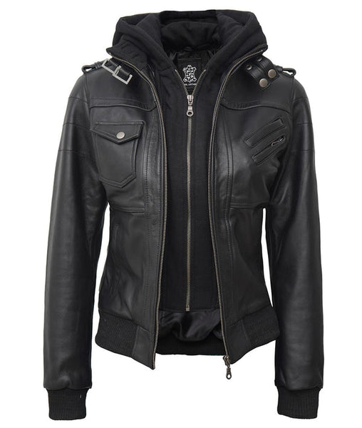 Women Leather Jacket With Hood Burgh