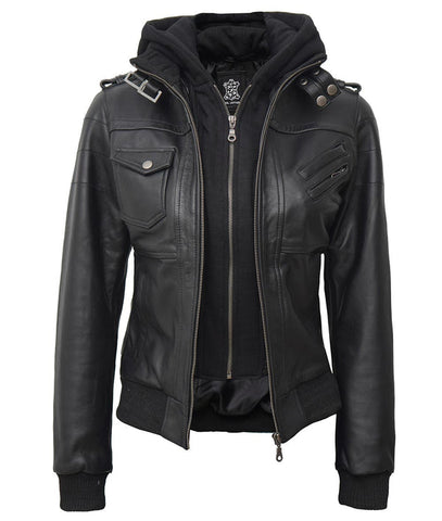 Women Leather Jacket With Hood Burgh