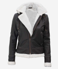 Black Leather Shearling Jacket For Women with Hood