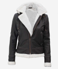 Black Leather Shearling Jacket For Women with Hood