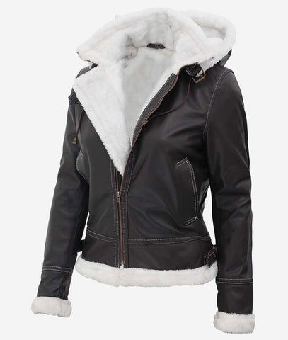 Black Leather Shearling Jacket For Women with Hood