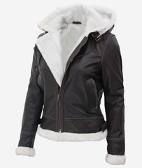 Black Leather Shearling Jacket For Women with Hood